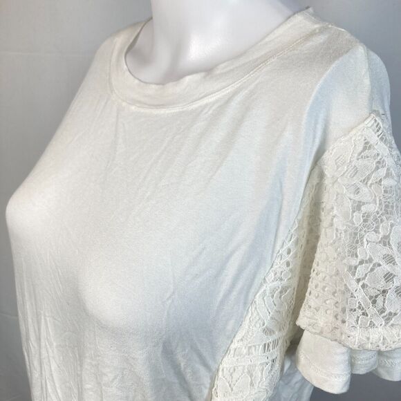 Kate & Sam Shirt Womens Sz S White Lace Overlay Flutter Sleeve Tee Stretch - Picture 8 of 8